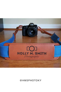 FOTO | Cobalt Fotostrap - a blue canvas and genuine leather camera strap that can be personalized with a monogram or business logo, making it the perfect personalized gift! 