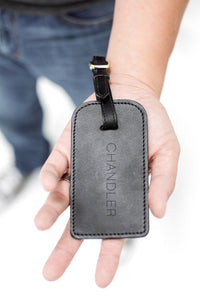 FOTO | Black Leather Luggage Tag - genuine leather luggage tag that can be personalized with gold foil initials, a monogram or business logo making it the perfect personalized travel gift.