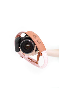 Blush Fotostrap - a pink canvas and genuine leather camera strap that can be personalized with a monogram or business logo, making it the perfect personalized gift! 