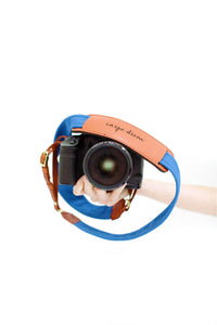 FOTO | Cobalt Fotostrap - a blue canvas and genuine leather camera strap that can be personalized with a monogram or business logo, making it the perfect personalized gift! 