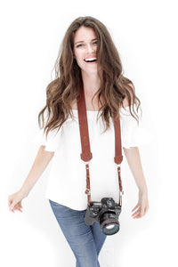 FOTO | Dutch Fotostrap - a medium brown genuine all-leather camera strap that can be personalized with a monogram or business logo, making this leather camera strap the perfect personalized gift.