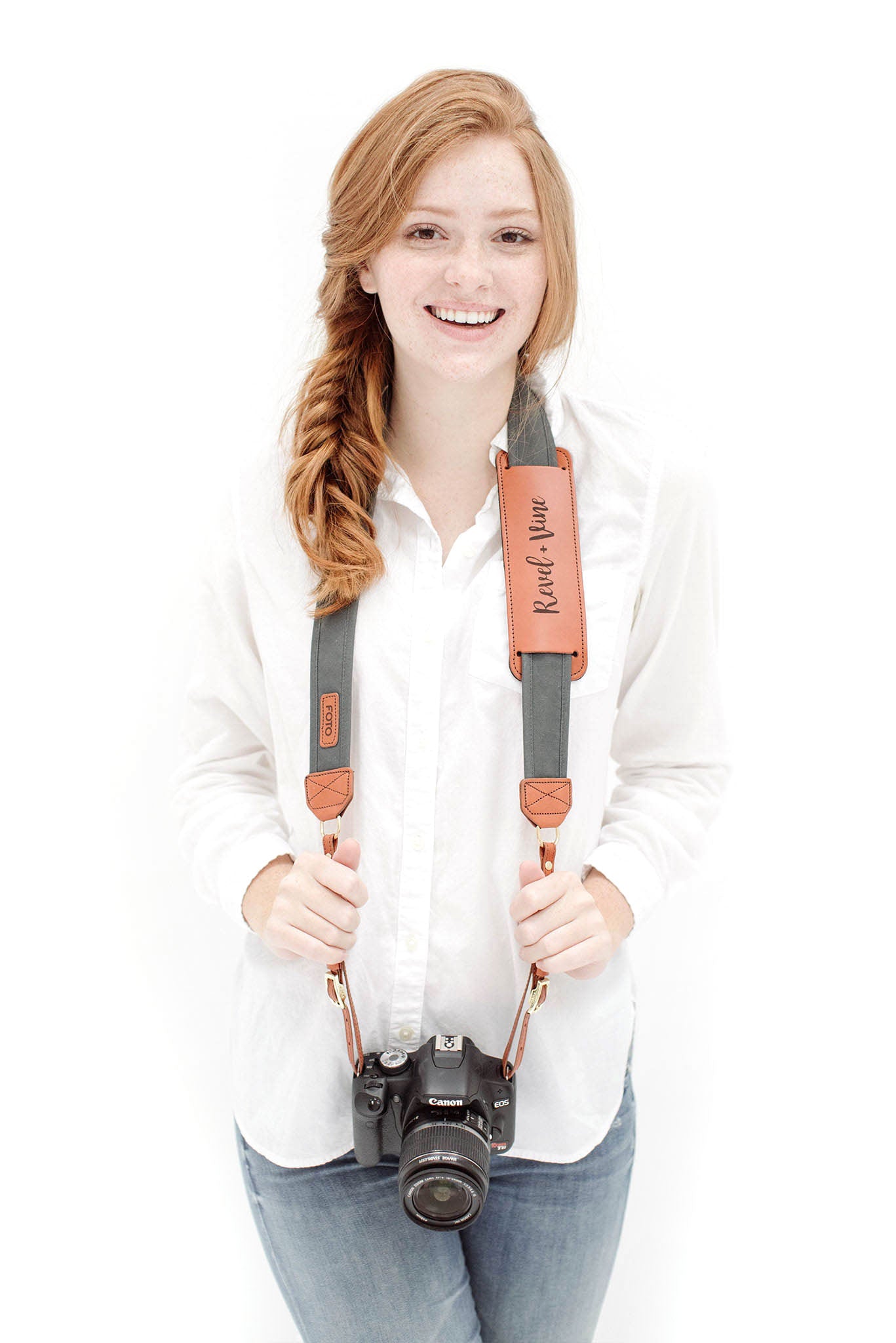 FOTO | Graphite Fotostrap - a charcoal gray canvas and genuine leather camera strap that can be personalized with a monogram or business logo, making it the perfect personalized gift! 