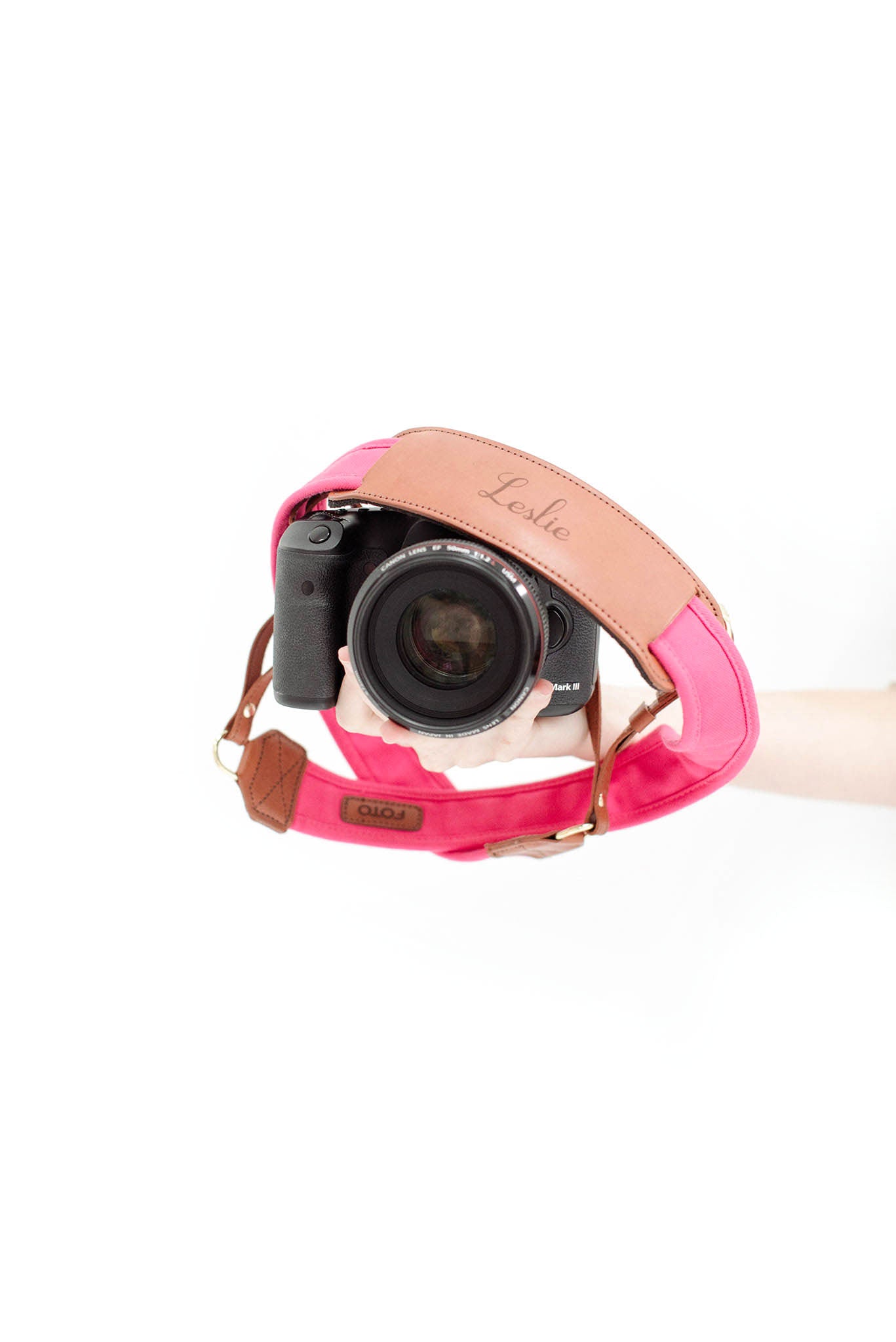 FOTO | Hibiscus Fotostrap - a hot pink canvas and genuine leather camera strap that can be personalized with a monogram or business logo, making it the perfect personalized gift! 