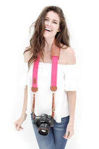 FOTO | Hibiscus Fotostrap - a hot pink canvas and genuine leather camera strap that can be personalized with a monogram or business logo, making it the perfect personalized gift! 