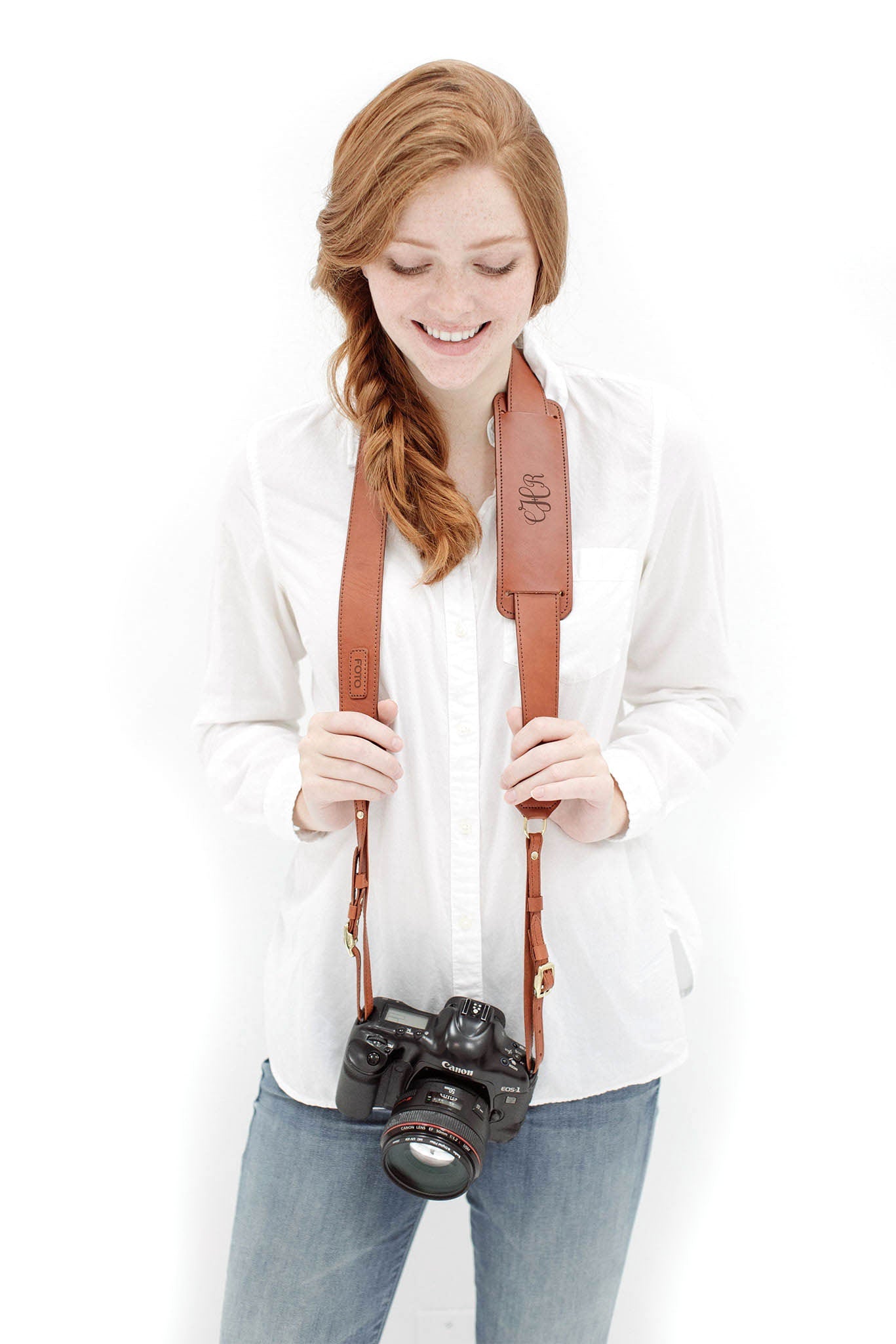 FOTO | James Fotostrap - a cognac brown genuine all-leather camera strap that can be personalized with a monogram or business logo, making this leather camera strap the perfect personalized gift.