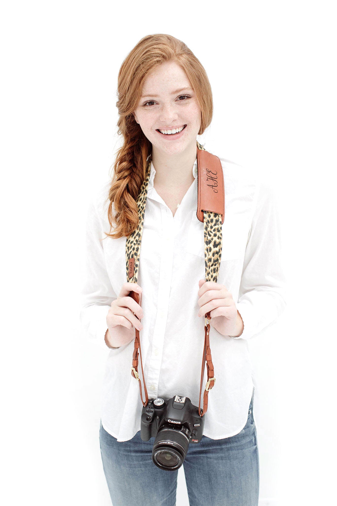 FOTO | Leopard Fotostrap - a leopard print canvas and genuine leather camera strap that can be personalized with a monogram or business logo, making it the perfect personalized gift! 