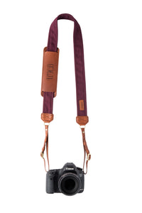 FOTO | Merlot Fotostrap - a burgundy canvas and genuine leather camera strap that can be personalized with a monogram or business logo, making it the perfect personalized gift!
