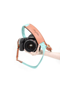 FOTO | Seaside Fotostrap - a turquoise canvas and genuine leather camera strap that can be personalized with a monogram or business logo, making it the perfect personalized gift! 