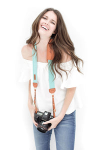 FOTO | Seaside Fotostrap - a turquoise canvas and genuine leather camera strap that can be personalized with a monogram or business logo, making it the perfect personalized gift! 