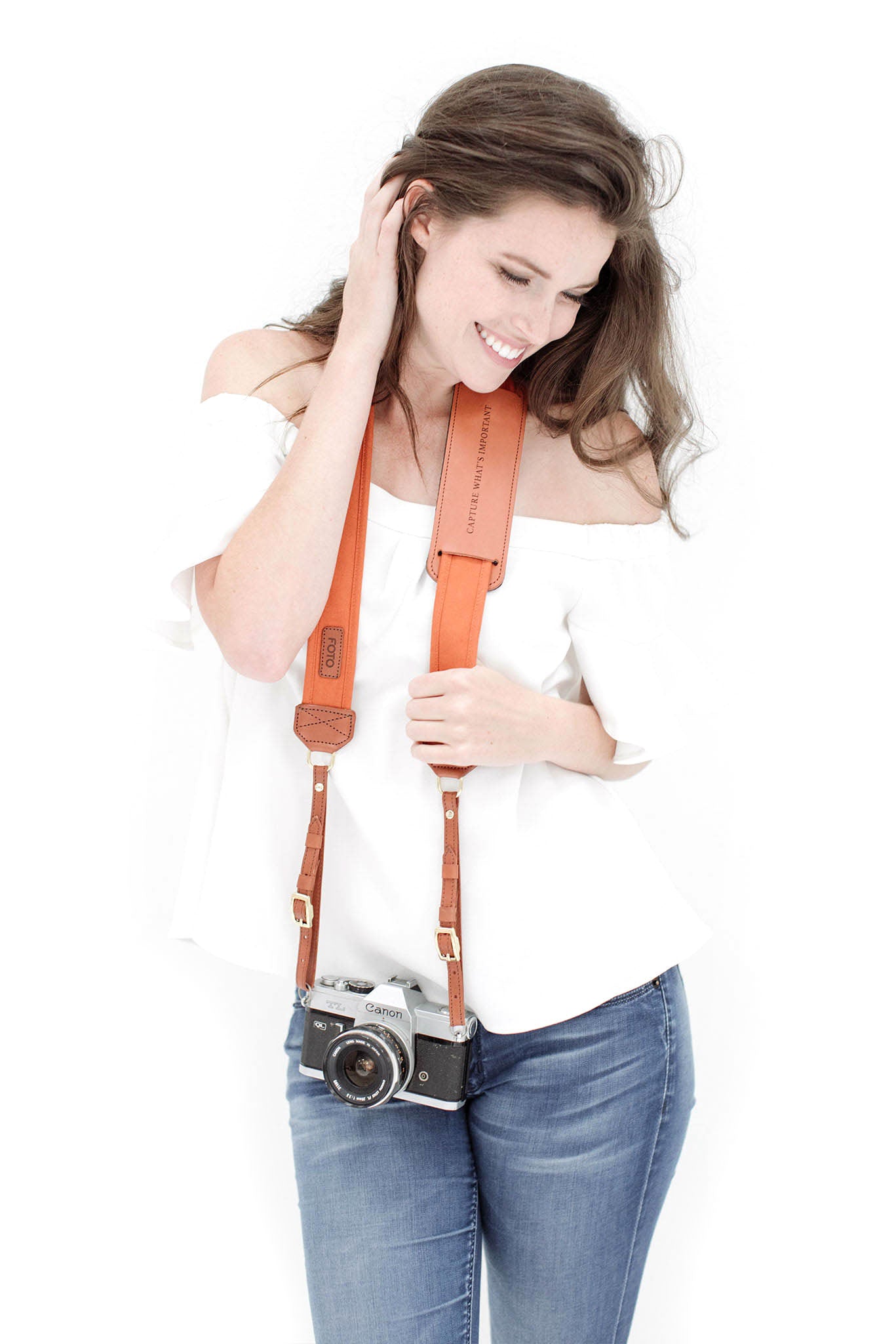 FOTO | Sweet Potato Fotostrap - a burnt orange canvas and genuine leather camera strap that can be personalized with a monogram or business logo, making it the perfect personalized gift! 
