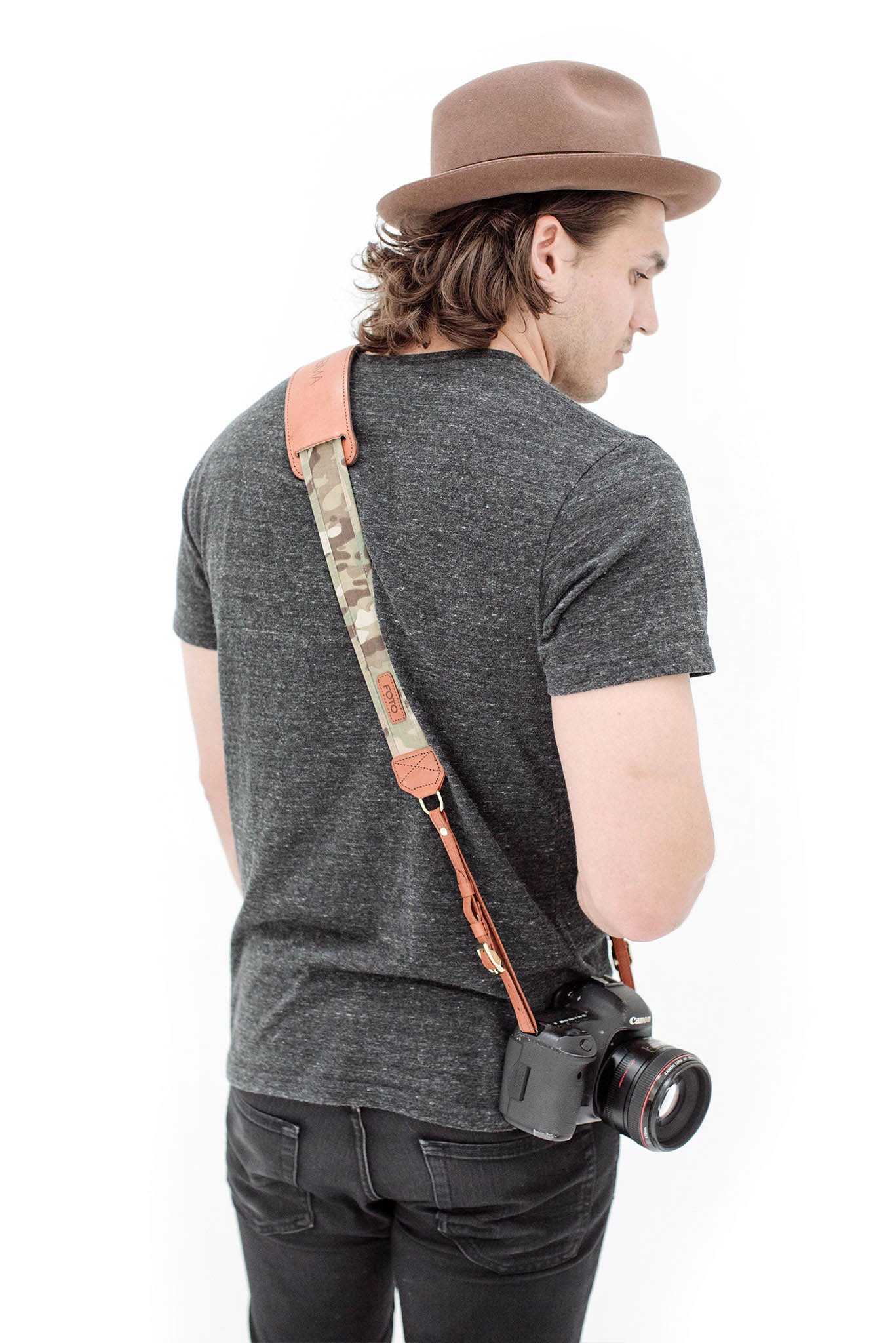 FOTO | Travis Fotostrap - a camo canvas and genuine leather camera strap that can be personalized with a monogram or business logo, making it the perfect personalized gift! 