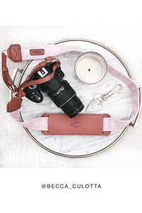 FOTO | Blush Fotostrap - a pink canvas and genuine leather camera strap that can be personalized with a monogram or business logo, making it the perfect personalized gift! 