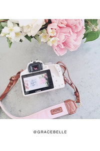 Blush Fotostrap - a pink canvas and genuine leather camera strap that can be personalized with a monogram or business logo, making it the perfect personalized gift! 
