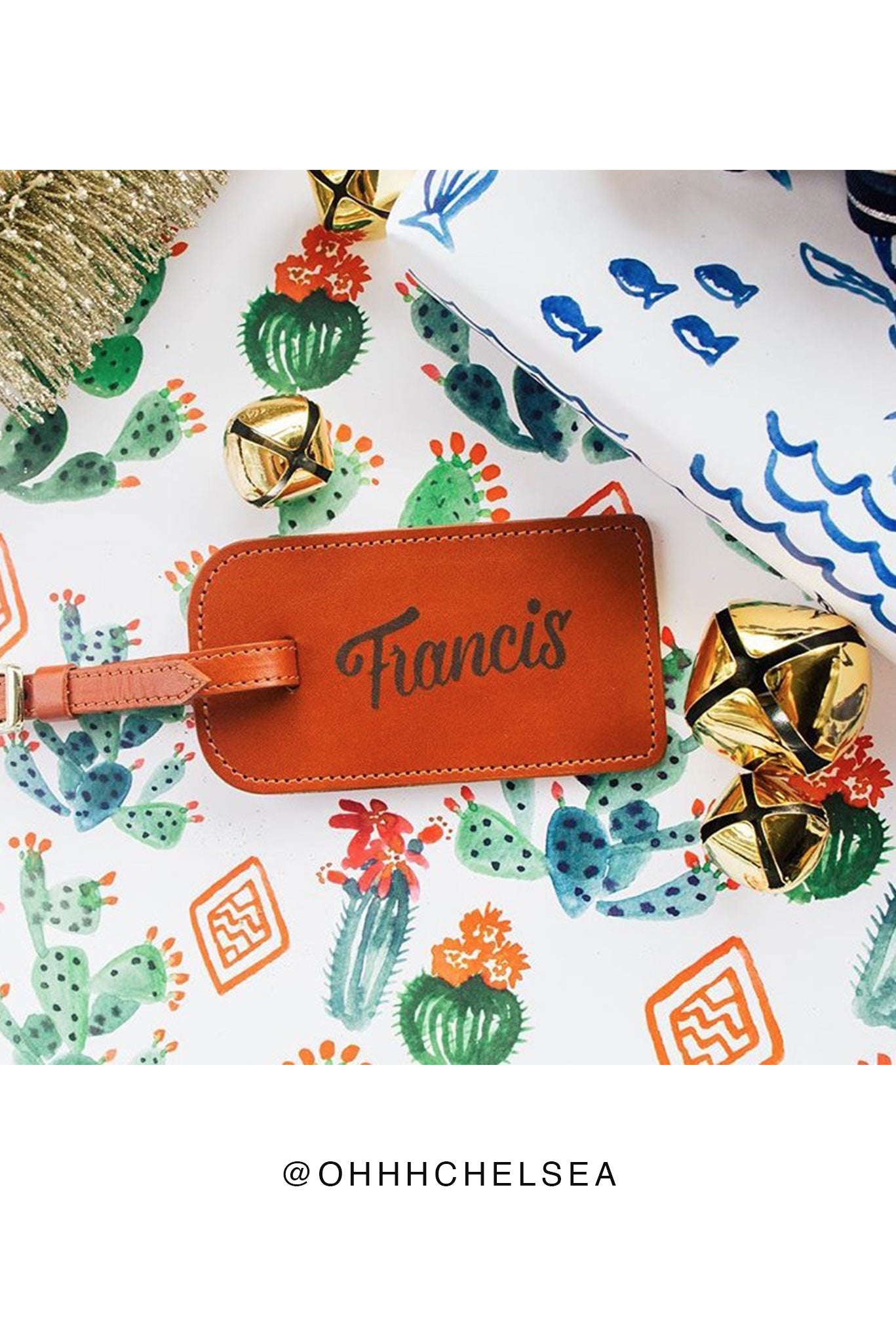 FOTO | Cognac Leather Luggage Tag - genuine leather luggage tag that can be personalized with gold foil initials, a monogram or business logo making it the perfect personalized travel gift.