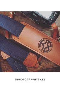 FOTO | Navy Fotostrap - a navy blue canvas and genuine leather camera strap that can be personalized with a monogram or business logo, making it the perfect personalized gift! 