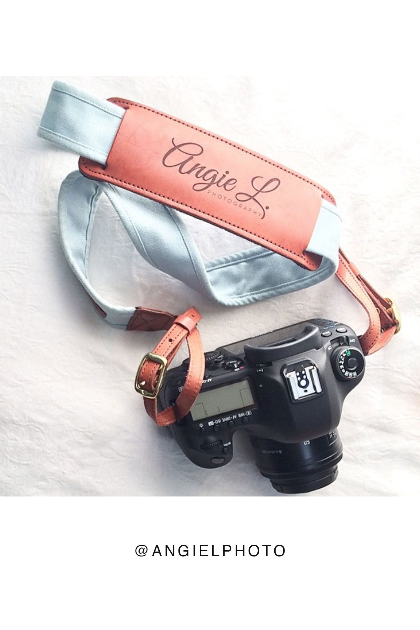 FOTO | Sky Fotostrap - a light blue canvas and genuine leather camera strap that can be personalized with a monogram or business logo, making it the perfect personalized gift! 
