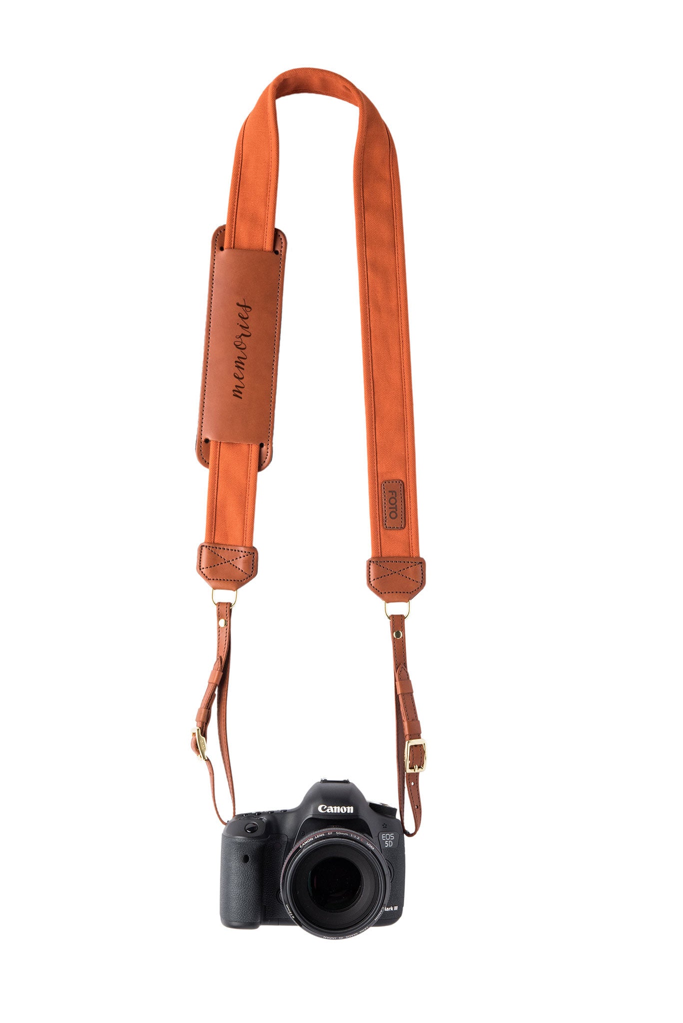 FOTO | Sweet Potato Fotostrap - a burnt orange canvas and genuine leather camera strap that can be personalized with a monogram or business logo, making it the perfect personalized gift! 